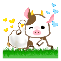 [LINEスタンプ] ゆるい草原の牛（あひる、ひよこ、ミルク）